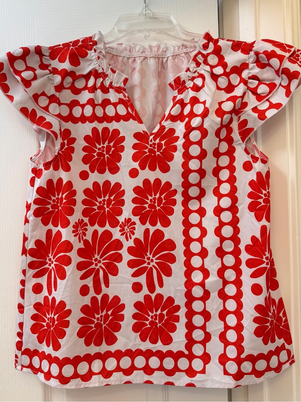 Women’s Red Floral Flutter Sleeve Top - Unbranded